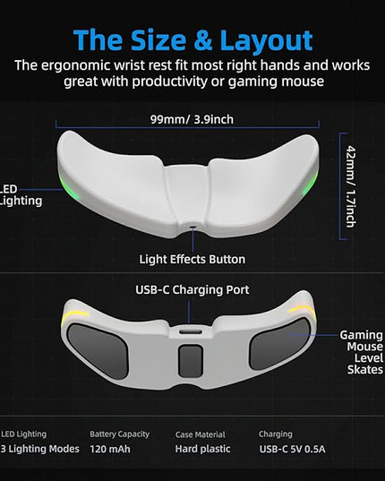 HornsX1 Right-Handed RGB Ergonomic Gliding Palm Rest for Mouse, Wrist Rest Pad, 3 RGB Lighting Modes, Reduce Wrist Pain, Anti-Fatigue, for Gaming/Office Work Casual Use - White, 1 PCS