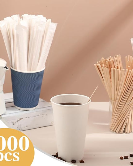 3000 Pcs Individually Wrapped Wooden Coffee Stirrers, Disposable Coffee Stir Sticks Round End Sticks Bulk Wood Stirrers for Cocktail Hot Drinks Restaurant Bar Home Office (7.5 Inch)