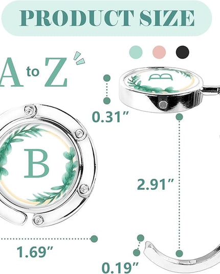 Iqimott 3pcs Personalized Initial Foldable Purse Hook for Table, Flower Letter Folding Handbag Hanger Portable Magnet Table Hook Holder, Collection Desk Purse Hooks for Women Bag (Green-B)