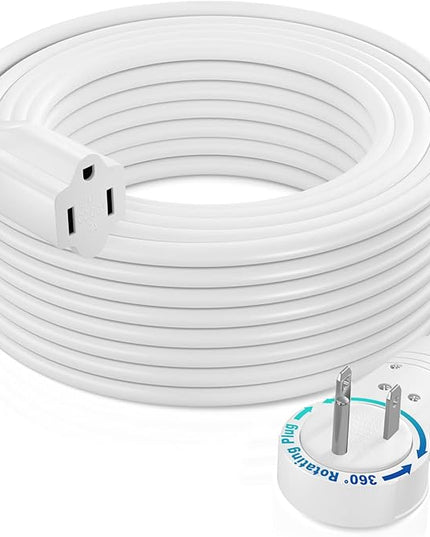 Maximm Extension Cord 50 Ft – 360° Rotating Flat Plug, 3-Prong Grounded, Heavy Duty 14AWG Wire – UL Certified, Indoor Power Cable – Ideal for Long Reach & Tight Spaces – White