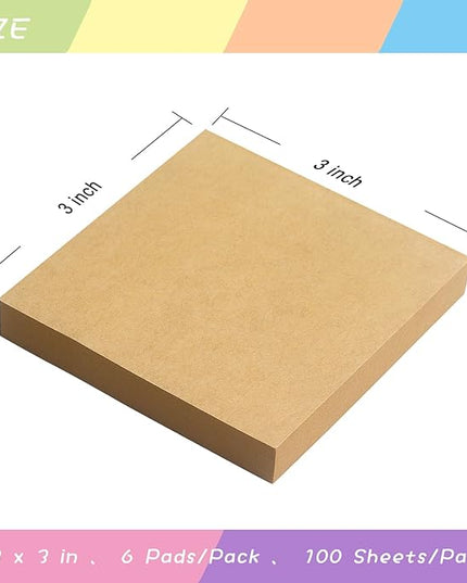 Sticky Notes 3x3 Self-Stick Notes Pads with 6 Bright Colors, Easy to Post for Office, School, Home, 6 Pads/Pack, 100 Sheets/Pad(Kraft Paper)