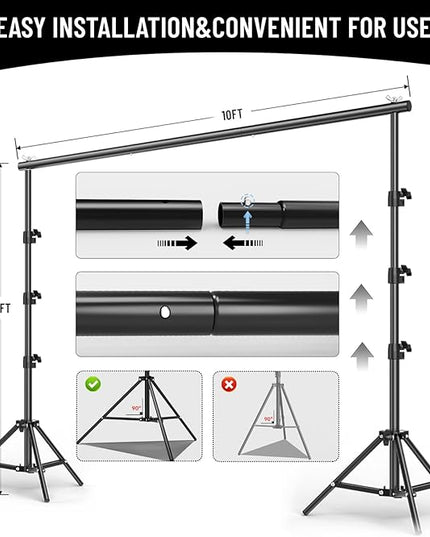 BEIYANG 10x10FT Backdrop Stand, Background Support Kit for Photography, 2 Adjustable Backdrop Supports, 4 Crossbars, 4 Clamps, and Carrying Bag for Photo Video Stutio, Parties Decoration