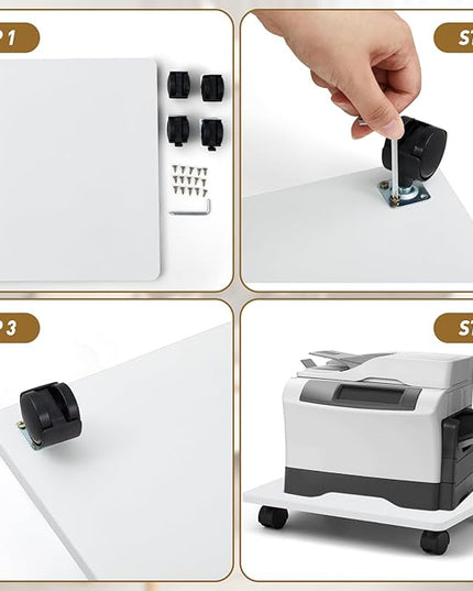 2 Pcs Office Under Desk Printer Stand with 4 Caster Wheels White Movable Printer Copier Shelf and CPU Holder for Home Office Heavy Duty Storage Rack Scanner Fax Machine, 13.78 x 11.81 Inches