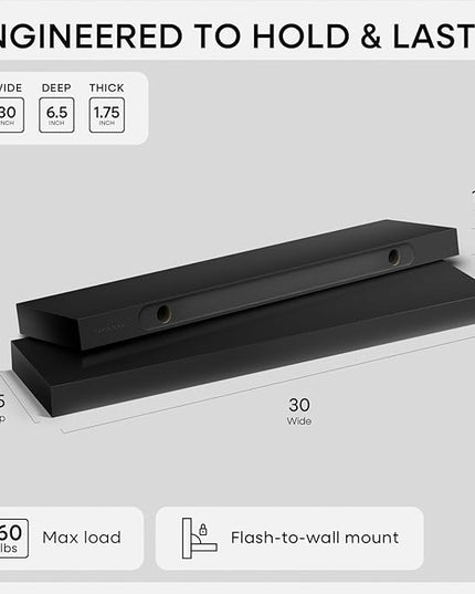Homeforia Black Floating Shelves 30 inches Long, High End Solid Real Wood 30 inch Floating Shelf for Wall Mounted, Black Wooden 30in Floating Shelves, Heavy Duty Bracket, 30 X 6.5 X 1.75 in, Set of 2