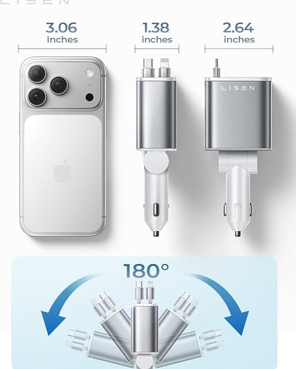 LISEN White Retractable Car Charger, for Gifts for Him Her, for iPhone 17, Cute 4 in 1 Retractable USB C Car Charger for Women, 75W Fast Charging Car Accessories for iPhone & Samsung S26 & Android