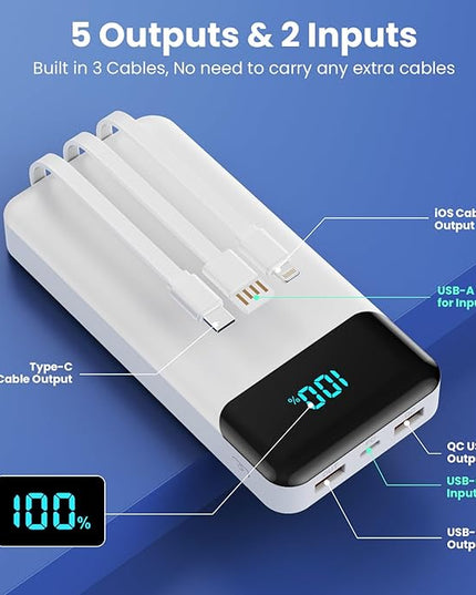 Portable Charger Power Bank 40800mAh with 3 Built-in Cables,25W Fast Phone Charging Portable Battery Pack,5 Outputs Travel Essentials Outdoor External Battery for iPhone 17/16,Galaxy Android etc-White