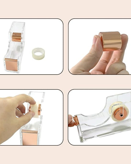 Gold Tape Dispenser, Clear Acrylic Desk Tape dispensers with Serrated Metal Edge, Modern Aesthetic Office & Craft Tape Organizer for Gift Wrapping, 1 Inch Core, Non-Slip Weighted Base