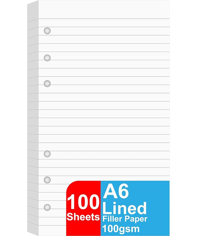A6 Lined Refill Paper, 100 Sheets/200 Pages Loose Leaf Paper for Filofax Person Binders, 6 Holes Punched, 100gsm Ruled White Filler Paper, 3.75'' x 6.75''