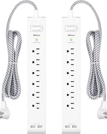 2 Pack Power Strip - 15FT Long Extension Cord, Surge Protector with 6 Outlets and 2 USB Charging Ports, Flat Plug Overload Protection, (1625W/13A/900J), Wall Mount for Home Office and Dorm, ETL Listed
