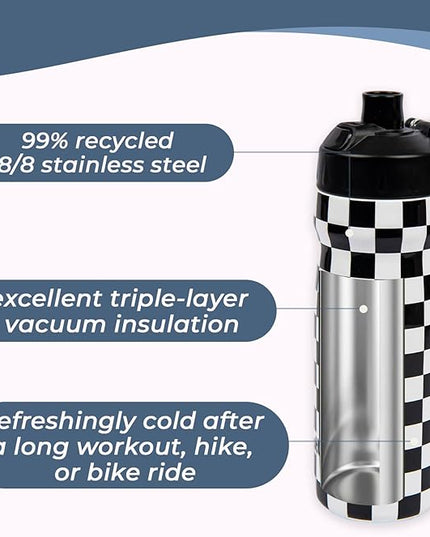 Magnetic Water Bottle with Straw 18 oz - Stainless Steel Insulated Tumbler for Gym & Bike (Fits Holders) - Leak Proof Pop-Up Lid, 2-in-1 Sip or Chug, Handle & Cute Black Checkered Print