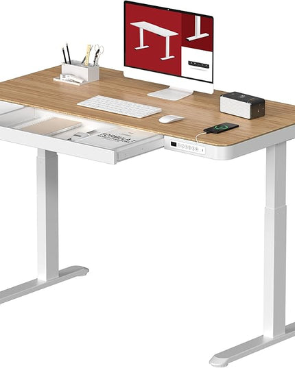 Standing Desk with Drawer, Electric Height Adjustable Home Office Desk with Storage & USB Ports, 48 inch Bamboo Texture Tabletop/White Frame