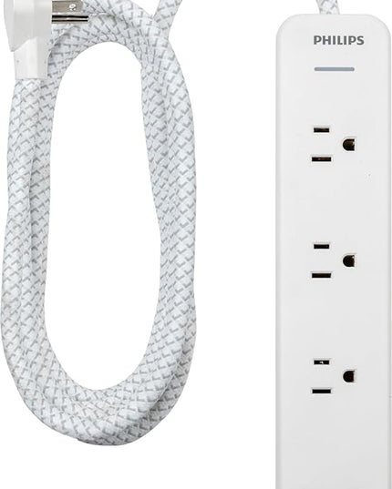 Philips EZFit 3-Outlet Adapter-Spaced Surge Protector, 6ft Braided Cord, Power Strip, Extension Cord with 2 USB-A and 1 USB-C, 490J, White, SPP3863W/37