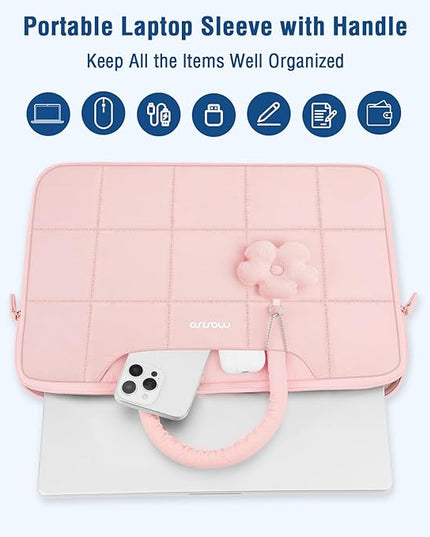 MOSISO Laptop Case 16 inch, 15-15.6 inch Puffy Laptop Sleeve Compatible with MacBook Pro 16 M4 M3 M2 M1, HP Acer Dell Lenovo Notebook, Rectangle Quilted Computer Bag with Handle&Flower Pendant, Pink