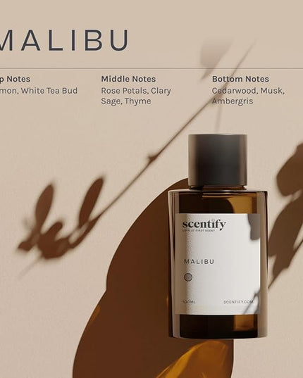 Scentify Malibu Aroma Oil Refill Scent for Oil Diffusers - Lemon, White Tea, Thyme, Cedar, Musk Scents - Luxurious Relaxing Aromatherapy Diffuser Fragrance 100ml, 3.38 oz