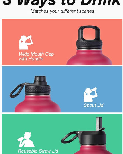 Half Gallon Water Bottle Insulated with Straw & 3 Lids, Coolflask 64 oz Water Jug Large Metal Stainless Steel Wide Mouth for Sports, Gym or Office, Non-BPA Keep Cold 48H Hot 24H, Ombre Wine/Navy