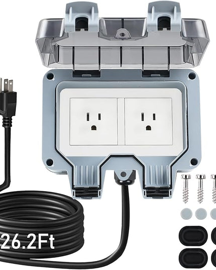 Outdoor Power Outlet Box with 26.3Ft Extension Cord, NEMA 5-15R, STW 14 AWG, Weatherproof Waterproof IP66 Electrical Outlet Extender, Exterior Wall Power Socket w/Cover for Garden