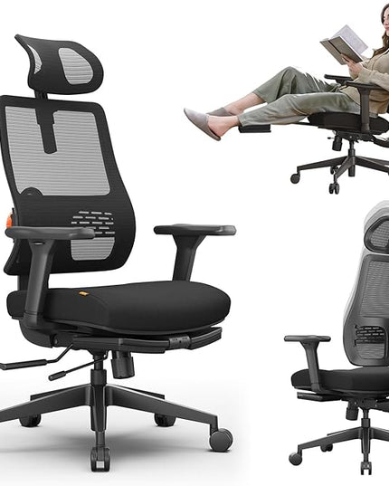Newtral Office Chair Ergonomic with Footrest, Auto-Following Lumbar Support, High Back Desk Chair with 4D Armrest,136° Tilt Lock, Adjustable Seat Depth & Height (2D Headrest, Black)