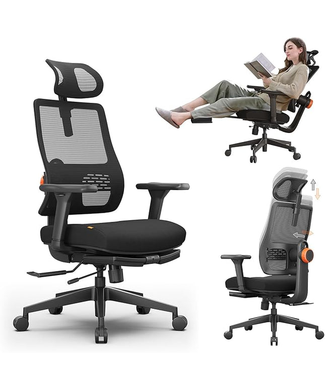 Newtral Office Chair Ergonomic with Footrest, Auto-Following Lumbar Support, High Back Desk Chair with 4D Armrest,136° Tilt Lock, Adjustable Seat Depth & Height (2D Headrest, Black)