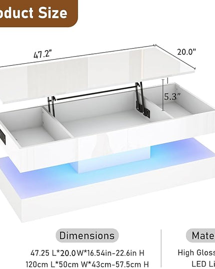 47.2" Large Lift Top Coffee Table,Modern High Glossy LED Coffee Tables for Living Room with Storage Drawer,White Living Room Tables for Livingroom,Dining Room,Bedroom Home Office(White)