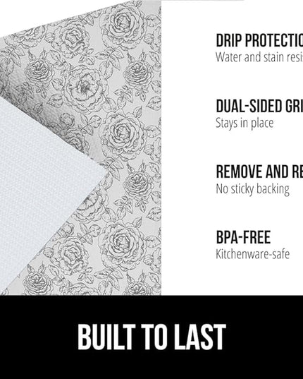 GORILLA GRIP DripGuard Shelf Liner, Non Adhesive Drawer and Kitchen Cabinet Protector, Slip Resistant BPA Free Smooth Surface Plastic Liners for Cabinets, Bathrooms, Closets, 12x240 Inch, Floral Gray
