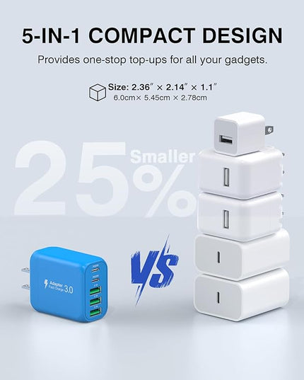 2-Pack USB C Wall Charger Block,60W 5-Port C Charger Fast Charging Block PD Power Adapter +QC 3.0 Multiport Type C Box Charger Cube USB A Wall Plug for iPhone 14/15/16/17 Pro Max,Samsung Galax