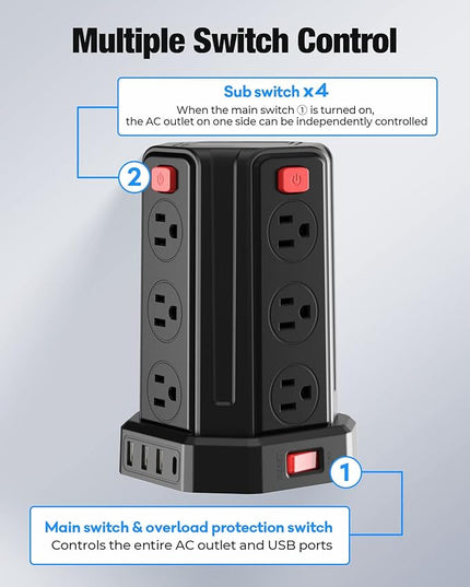 Power Strip Surge Protector, 10 Ft Extension Cord with 12 AC Multiple Outlets 4 USB (1 USB C), SMALLRT Power Tower Desktop Charging Station (Black, 10 FT)