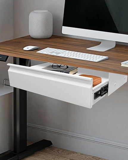 LEYSRIS 23.9" Under Desk Storage Drawer, White Sliding Pull-Out Drawer for Sit Stand Workstation