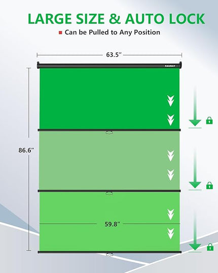 RAUBAY Retractable Pull Down Green Screen - 59.8" x 86.6" Collapsible Wall-Mount Background for Professional Video Production, Chroma Key Backdrop for YouTube, TikTok, Streaming, Video Conferencing
