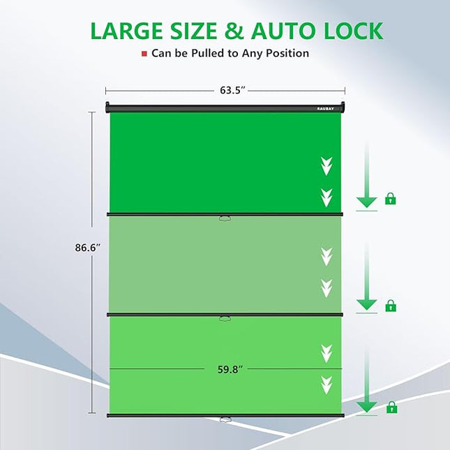 RAUBAY Retractable Pull Down Green Screen - 59.8" x 86.6" Collapsible Wall-Mount Background for Professional Video Production, Chroma Key Backdrop for YouTube, TikTok, Streaming, Video Conferencing