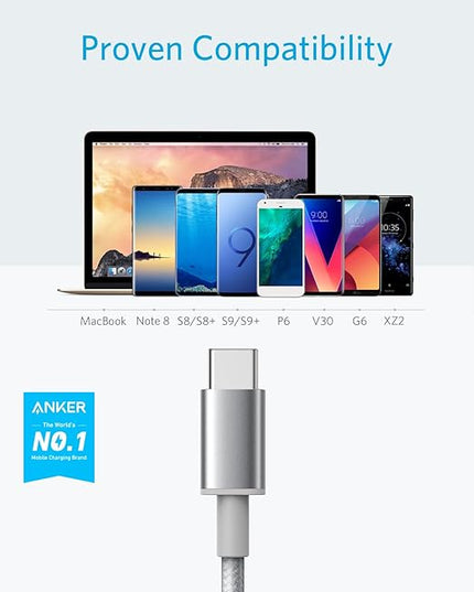 Anker Cable [2 Pack, 6FT], USB A to USB C Cable for iPhone 17 Series,Samsung Galaxy S10 S10+, LG V30, Beats Fit Pro and More (Sliver)