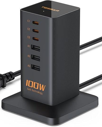 USB C Charger Blcok PD 100W, TESSAN 6-in-1 Charging Station for Multiple Devices, Desktop Tower Charger with 6 USB Ports for iPhone 17/16/15, MacBook, Tablet, Office Home Dorm Room Accessories