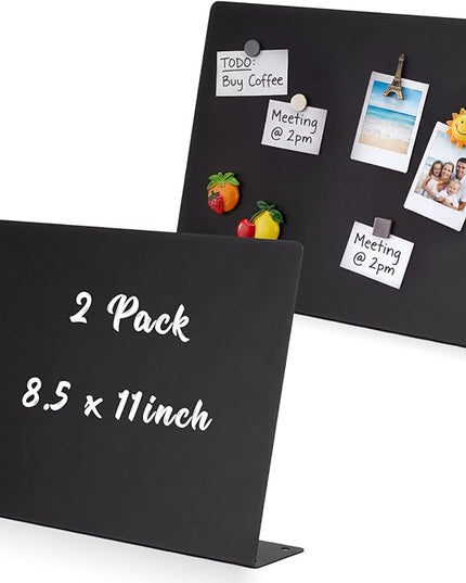 LEIFIDE 2 Pack Magnetic Bulletin Board with Stand 8.5 x 11 in Black Magnet Board Metal Magnet Tabletop Display Stand for Memos, Photos, Dining Tables, Home, School, Kitchen, Office