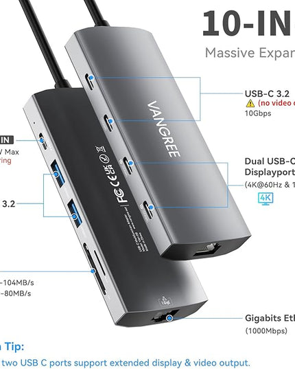 USB C Hub with Dual 4K@60Hz Displayports, 2 USB-A & 2 USBC 3.2 10Gbps Ports, 1Gbps Ethernet, 100W PD, SD/TF, USB C Splitter Docking Station for MacBook Pro/Air, iMac, iPad Pro, XPS, Thinkpad, Surface