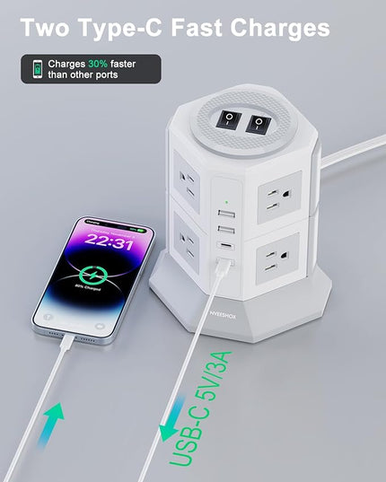 Tower Surge Protector Power Strip Flat Plugs with 8 Outlets 4 USB Ports (2 Type C), 6.5 FT Flat Extension Cord with Multiple Outlets, Charging Station with Surge Protection for Home Office Dorm