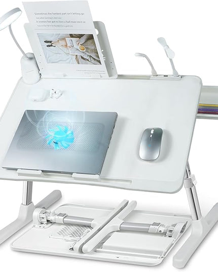 iXTRA Laptop Lap Desk with Cooling Fan - Adjustable with Light, USB, Storage Drawer - Folding Bed Desk,22.04"*12.59",White
