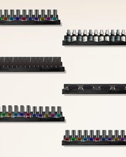 15" Nail Polish Rack Wall Mounted Shelf Acrylic Paints Gel Polish Organizer and Storage with End Caps for Nail Techs, Art Lovers, Great Display Salons, Floating Shelves for Wall, Black