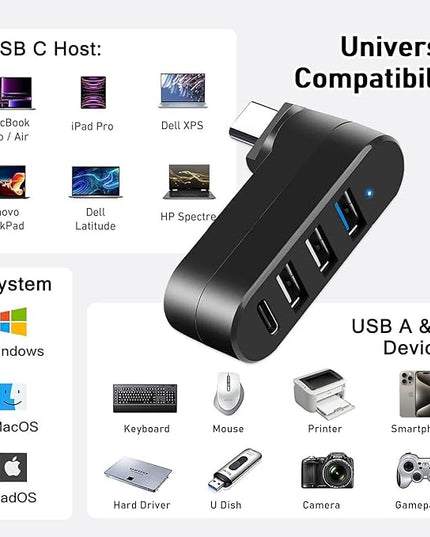 VIENON 4-Port USB C Hub [90°/180° Degree Rotatable], USB C Adapter Splitter with PD-in 5W Port, USB Extender for MacBook, iMac, Surface, and More C Port Laptop(Not for Car)