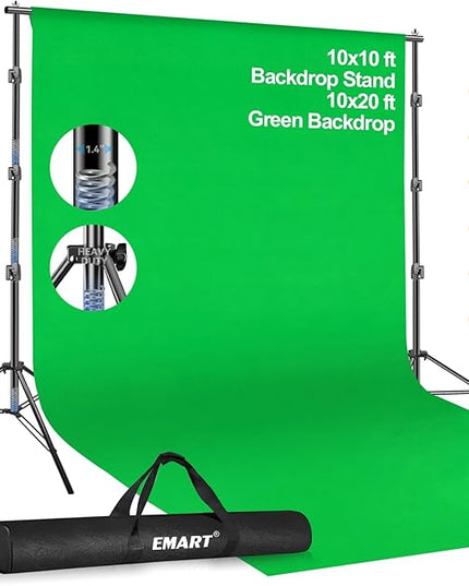 EMART 10 x 10ft Green Screen Backdrop Kit with Tripod Stand, Photography Background Support System with 10 x 20ft 100% Cotton Muslin Chromakey Backdrop for Photo Studio, Video Shooting, Live Streaming