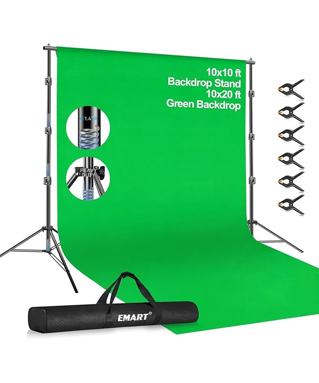 EMART 10 x 10ft Green Screen Backdrop Kit with Tripod Stand, Photography Background Support System with 10 x 20ft 100% Cotton Muslin Chromakey Backdrop for Photo Studio, Video Shooting, Live Streaming