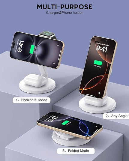 3 in 1 Foldable Magnetic Wireless Charging Station,iPhone Mag-Safe Charger,15W Fast MagSafe Charger Stand for Apple iPhone16Pro Max/16 Pro/15 ProMax/14/13/12,Apple Watch Ultra/2/SE to S9,AirPods Pro 3