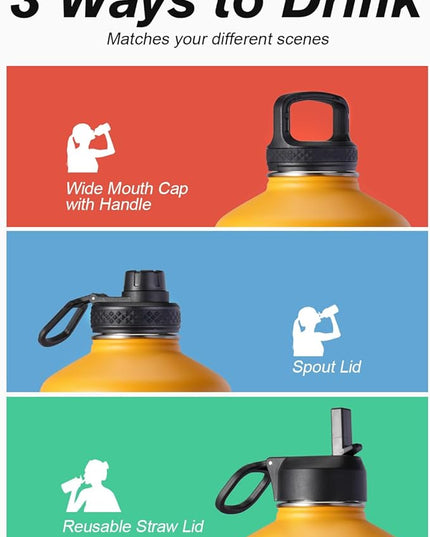 Coolflask 128 oz Gallon Water Bottle Insulated with Straw&3 Lids, Water Jug Large Stainless Steel Metal Vacuum Wide Mouth for Sports, Gym or Office, Non-BPA Keep Cold 48H Hot 24H, Ombre Yellow/Orange