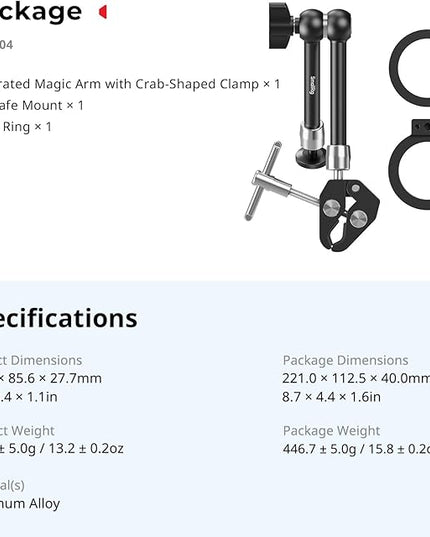SmallRig Magic Arm Clamp w/ 1/4" Screw, Phone Mount for Magsafe & Magnetic Adapter Ring, 11 Inches Integrated Magic Arm for iPhone, for Android, for Action Cameras/LCD Monitor/LED Lights - 5604