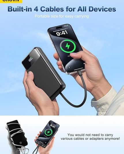Portable Charger Power Bank 50000mAh Battery Pack, 22.5W Fast Charging PowerBank with Built in Cables,Travel Camping Essential USB-C Portable Phone Charger for iPhone Samsung Pixel Android iPad