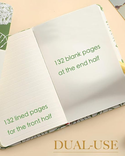 Embroidered Mini Notebook for Girl, Small Fabric Hardcover Journal, A6, 264 Pages, 4x6 Lined Notebook & unlined Sketchbook, Cute Diary, Pocket Notepad Kids Journal, Green Leaf.