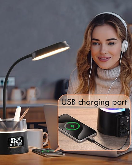 WILIT LED Kids Desk Lamp, Dimmable Study Lamp for Home Office Desk Accessories, with Pen Holder & Clock, USB Charging, RGB Night Light, Bedroom & College Dorm Room Essentials for Girls - Black