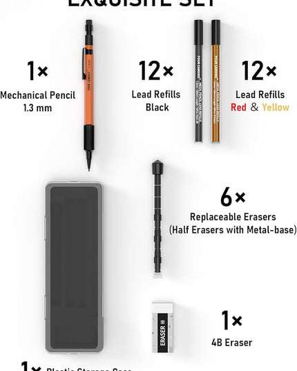 Four Candies 1.3mm Mechanical Pencil Set with 24 Lead Refills, Metal Weatherproof Heavy Duty Outdoor Carpenter Pencil, Eraser, 6 Eraser Refills for Architect Drafting Woodworking Marking with Case