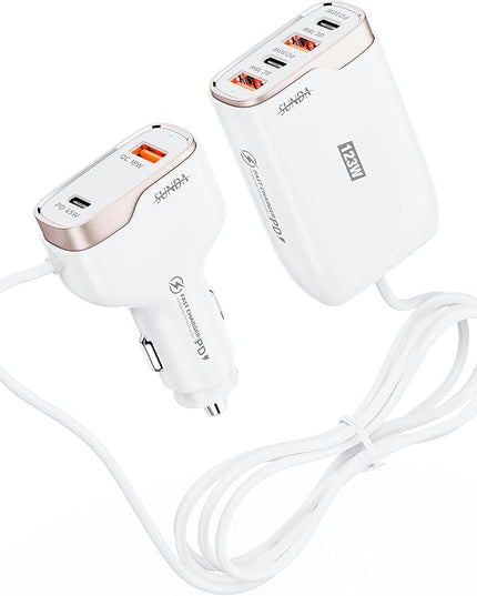 6-Port USB-C Car Charger, 123W Fast, PD 45W Compatible with iPhone16/Galaxy/Samsung S24, Cigarette Lighter Adapter with 5.7FT Cable for Rear Seat Charging (White)