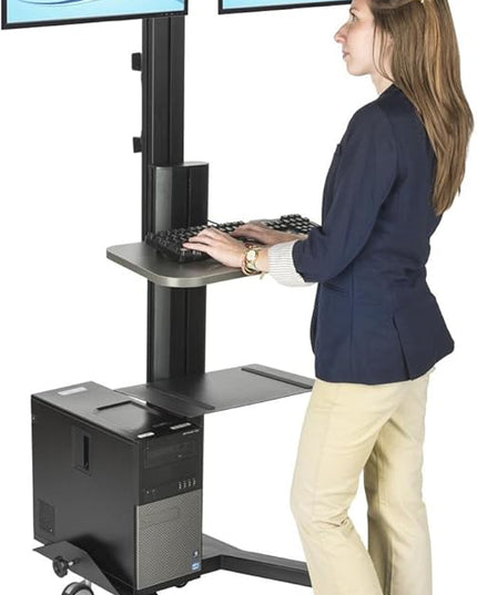 Displays2go Rolling Sit and Stand Workstation, CPU Holder, Locking Wheels, Dual Mount (LPGPCRTB2S)