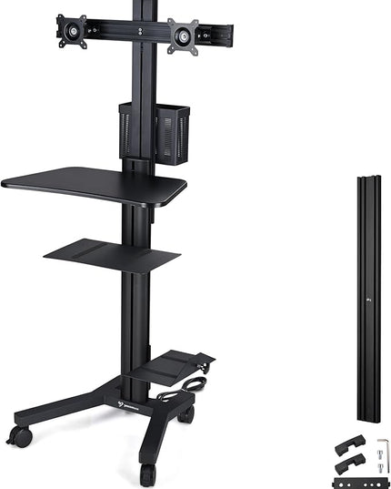 Yescom Mobile PC Stand Workstation with Dual Monitor Mount for Screen Up to 32" Black