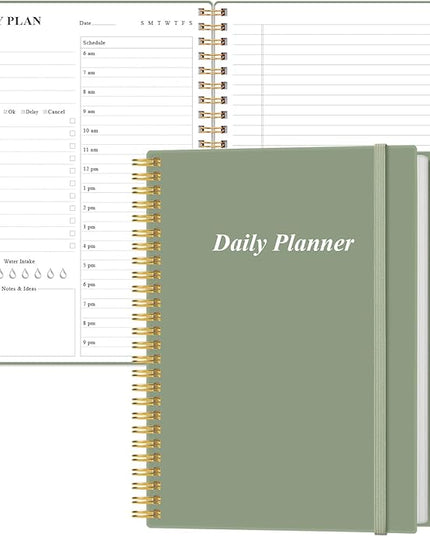 Daily Planner Undated - B5 To Do List Notebook Hourly Schedules, Spiral Appointment Planner for Women and Men, PVC Hardcover, Inner Pocket, Elastic Closure, 7" x 10", Green